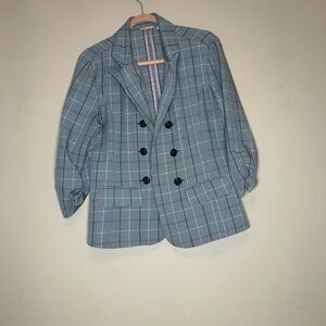 Gray Plaid Double-Breasted Blazer